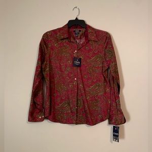 NWT! Chaps Women’s Paisley Blouse No Iron Fitted Shirt ~ Sz Large
